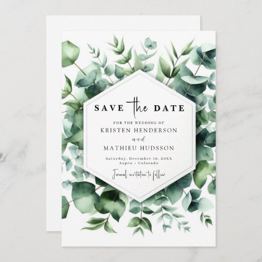 Playful Botanical Eucalyptus Digital Wedding Save The Date (Vorne/Hinten)