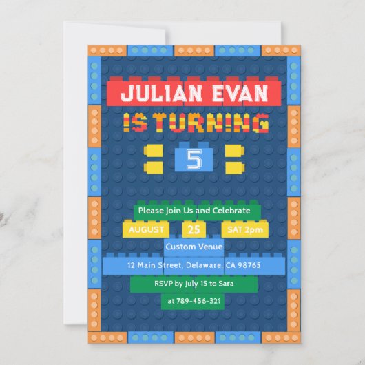 Playful Bricks Gebäude Blocks Boy's Blue Birthday Einladung (Vorderseite)