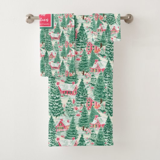 Playful bright pink green Christmas preppy towel Badhandtuch Set (Insitu)