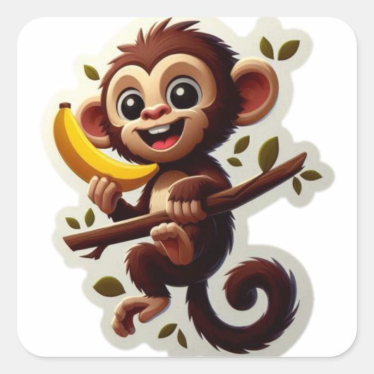 Playful Brown Monkey Cartoon Quadratischer Aufkleber (Vorderseite)