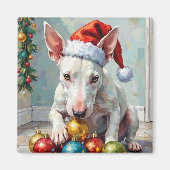 Playful Bull Terrier Dog Guarding Christmas Magnet (Vorne)