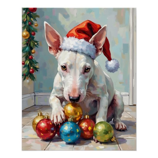 Playful Bull Terrier Dog Guarding Christmas Poster (Vorderseite)