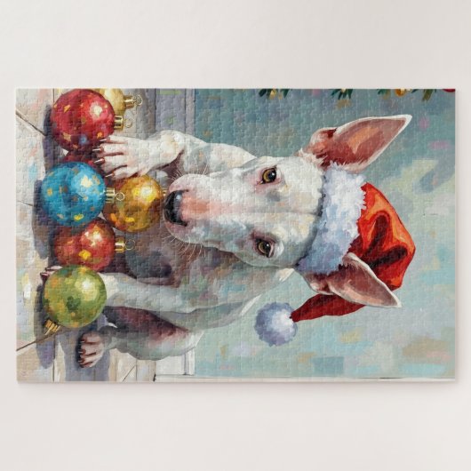 Playful Bull Terrier Dog Guarding Christmas Puzzle (Horizontal)