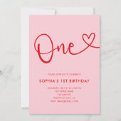 Playful Calligraphy Heart Pink Red 1st Birthday Einladung (Vorderseite)