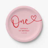 Playful Calligraphy Pink Red 1. Geburtstag Pappteller (Vorderseite)