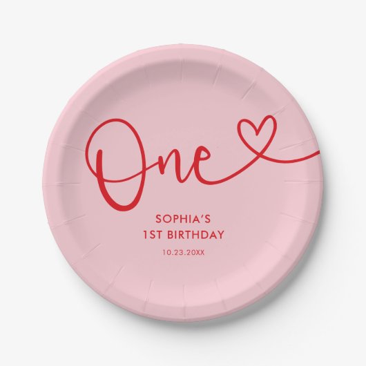 Playful Calligraphy Pink Red 1st Birthday Pappteller (Vorderseite)
