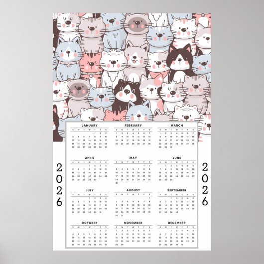 Playful Cartoon Cat Pattern with 2026 Calendar Poster (Vorne)