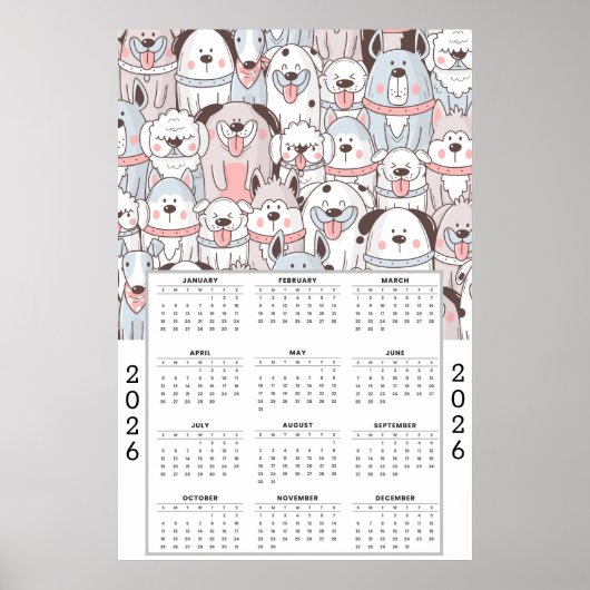 Playful Cartoon Dog Pattern with 2026 Calendar Poster (Vorne)