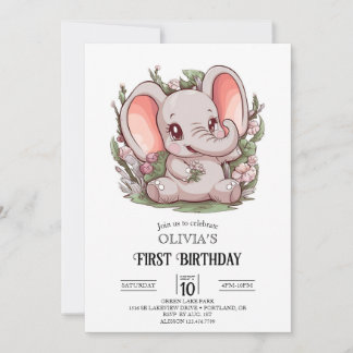Playful Cartoon Elephant 1. Geburtstag digital Einladung