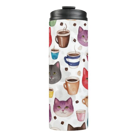 Playful Cat and Coffee Doodle Pattern Thermosbecher (Vorderseite)