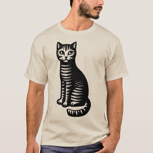 Playful Cat Woodcut Style T-Shirt (Vorderseite)