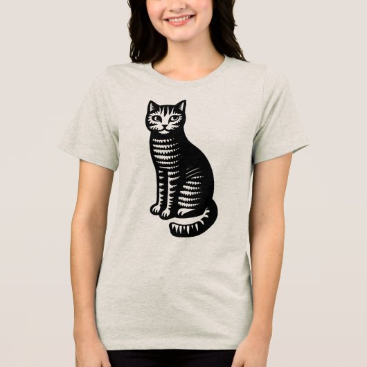 Playful Cat Woodcut Style Tri-Blend Shirt (Vorderseite)