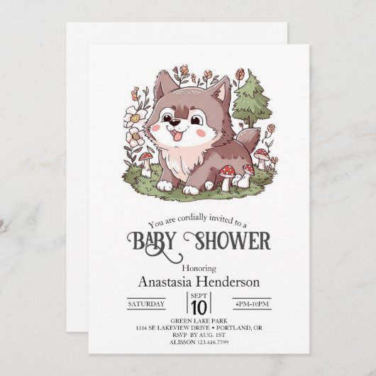 Playful Charming Wolf Baby Dusche Einladung (Vorne/Hinten)