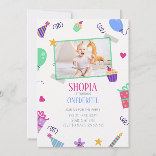 Playful Cupcake 1. Geburtstag Foto Einladung (Vorderseite)