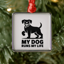 Playful Dog Outline "My Dog Runs My Life" Art Ornament Aus Metall