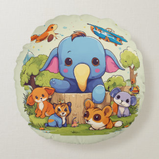 "Playful Elephants: Cartoon River Splash T - Shirt Rundes Kissen
