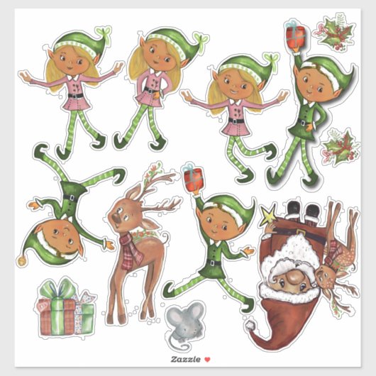 Playful Elves and Dynamic Santa Poses Custom Cut  Aufkleber (Blatt)