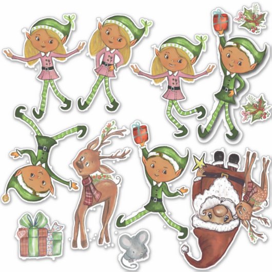 Playful Elves and Dynamic Santa Poses Custom Cut  Aufkleber (Vorderseite)