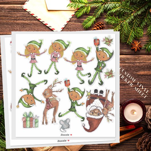 Playful Elves and Dynamic Santa Poses Custom Cut Aufkleber