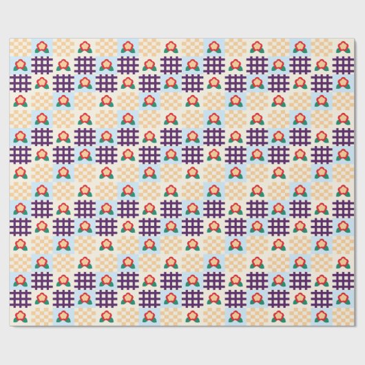 Playful Floral Grid Pattern Geschenkpapier (Flach)