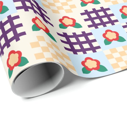 Playful Floral Grid Pattern Geschenkpapier (Rolleneckpunkt)