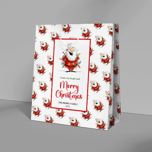 Playful funny Santa artistic red green gift bag Mittlere Geschenktüte