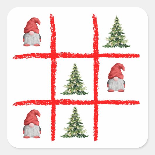 Playful Gnome Christmas Tic Tac Toe Card Quadratischer Aufkleber (Vorderseite)
