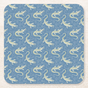 Playful Green Alligator Paisley on Blue Rechteckiger Pappuntersetzer