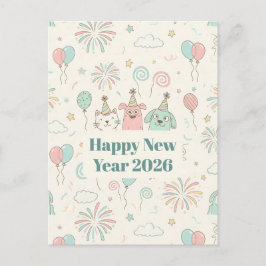 Playful Happy New Year 2026 Kids Greeting Card Feiertagspostkarte