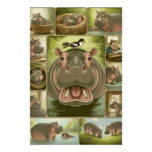Playful Hippo & Bird Art Print - 13 Illustrierte Poster