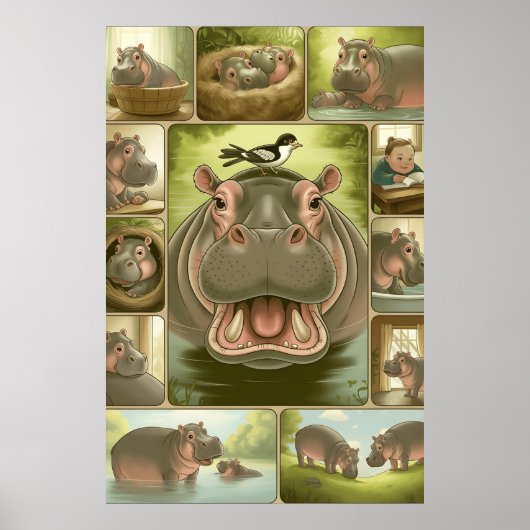 Playful Hippo & Bird Art Print - 13 Illustrierte Poster (Vorne)