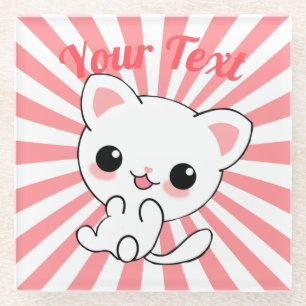 Playful Kawaii White Kitten Custom Glasuntersetzer