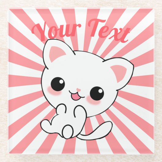 Playful Kawaii White Kitten Custom Glasuntersetzer (Vorderseite)
