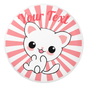 Playful Kawaii White Kitten Custom Keramikknauf