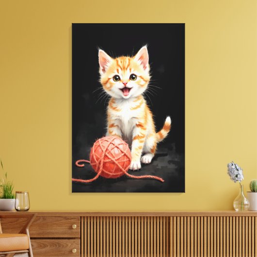 Playful Kitten Cat with Yarn Watercolor Print Leinwanddruck (Insitu (Wohnzimmer))