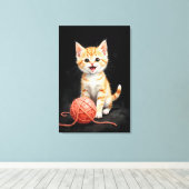 Playful Kitten Cat with Yarn Watercolor Print Leinwanddruck (Insitu (Holzboden))