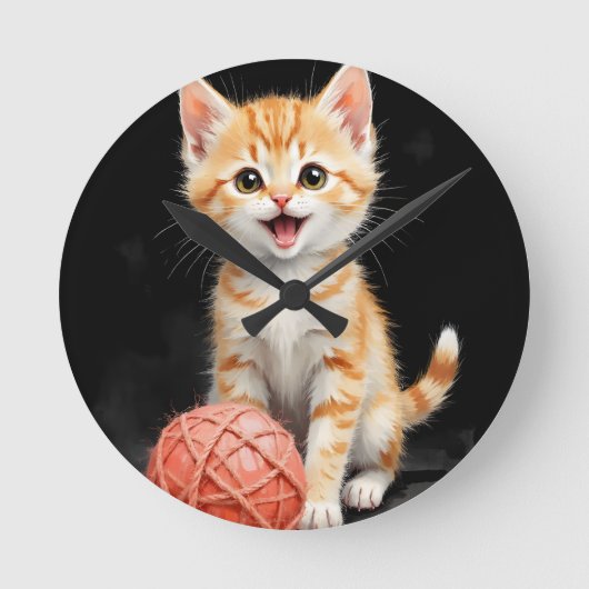 Playful Kitten Cat with Yarn Watercolor Print Runde Wanduhr (Vorderseite)