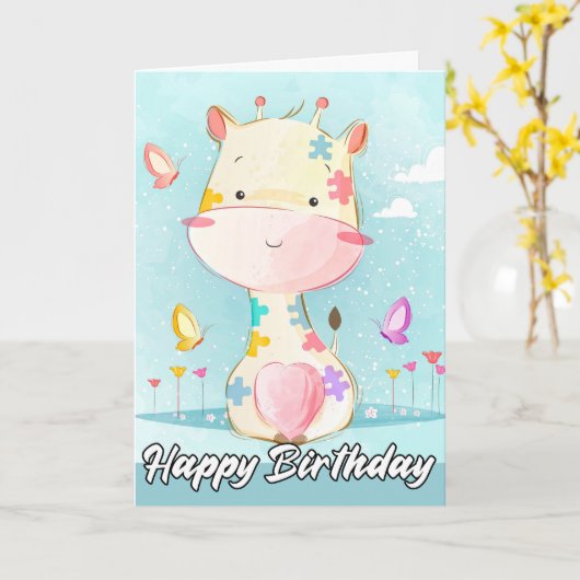 Playful Little Posing Giraffe | Happy Birthday Karte (Gelbe Blume)
