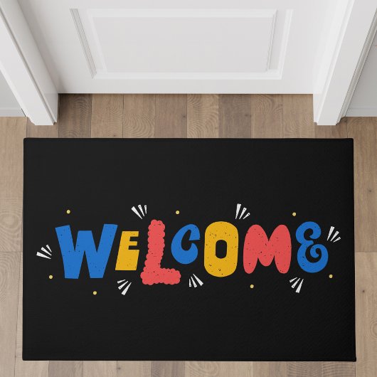 Playful Multicolor Welcome Typografy on Black Fußmatte