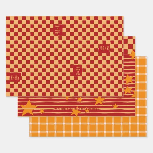 Playful Ochre & Red Vintage Stars & Checkerboard Geschenkpapier Set (Set)