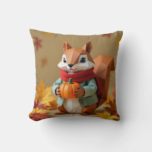 Playful Origami Eichhörnchen mit Pumpkin | Fall Th Kissen (Vorderseite)