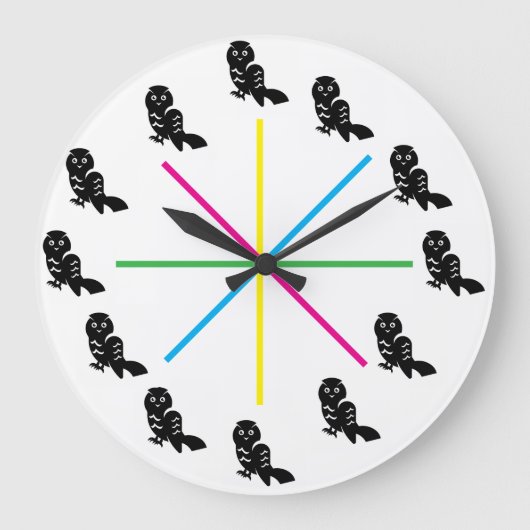 Playful Owl Wall Clock – Rainbow Stripes Große Wanduhr (Vorderseite)