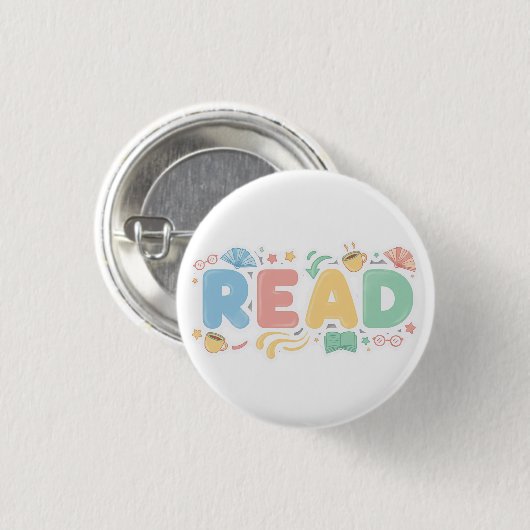 Playful Pastel Bubble "READ" Sticker Style Button (Vorne & Hinten)