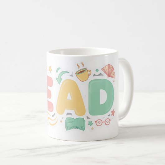 Playful Pastel Bubble "READ" Sticker Style Kaffeetasse (VorderseiteRechts)