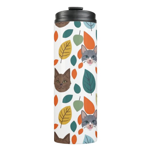 Playful Pet Faces and Autumn Leaves Pattern Thermosbecher (Vorderseite)