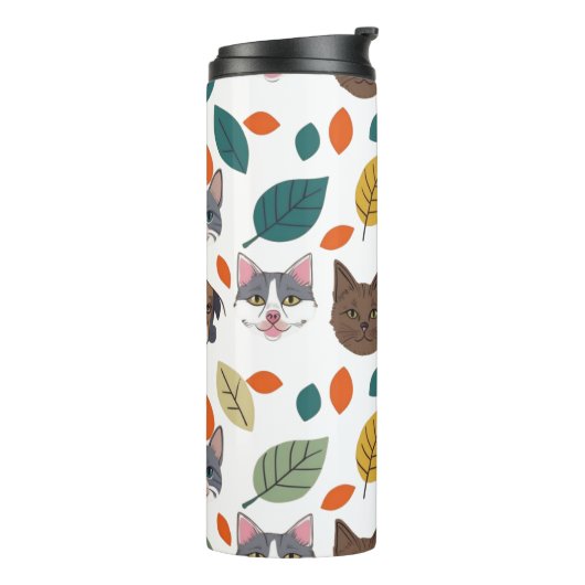 Playful Pet Faces and Autumn Leaves Pattern Thermosbecher (Nach links gedreht)
