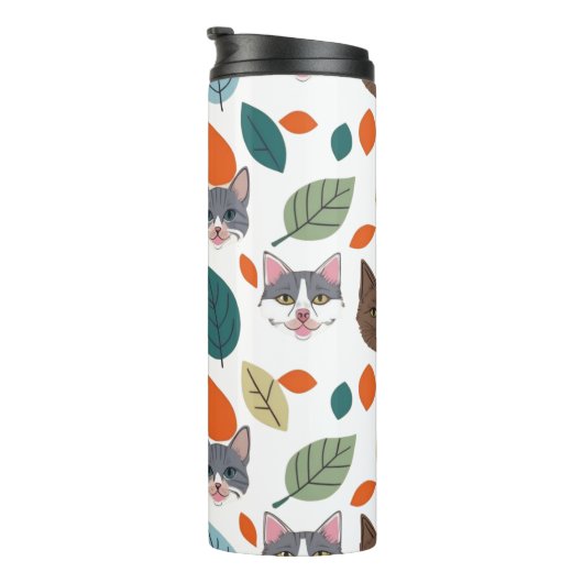 Playful Pet Faces and Autumn Leaves Pattern Thermosbecher (Nach rechts gedreht)