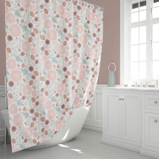 Playful Pink Cream Blue Repeat Floral Print Duschvorhang