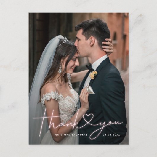 Playful Pink Neon Script Hochzeit Foto Vielen Dank Postkarte (Vorderseite)