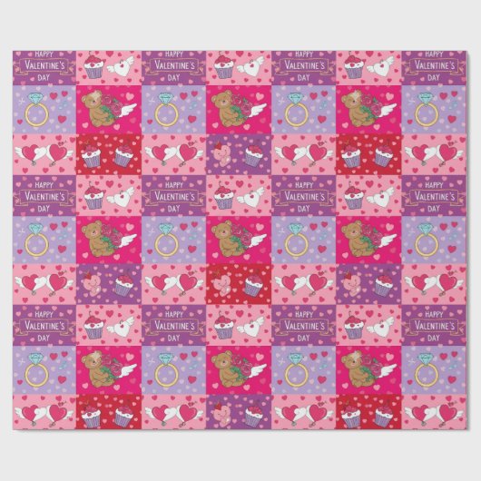 Playful Pink Valentine Patchwork Geschenkpapier (Flach)